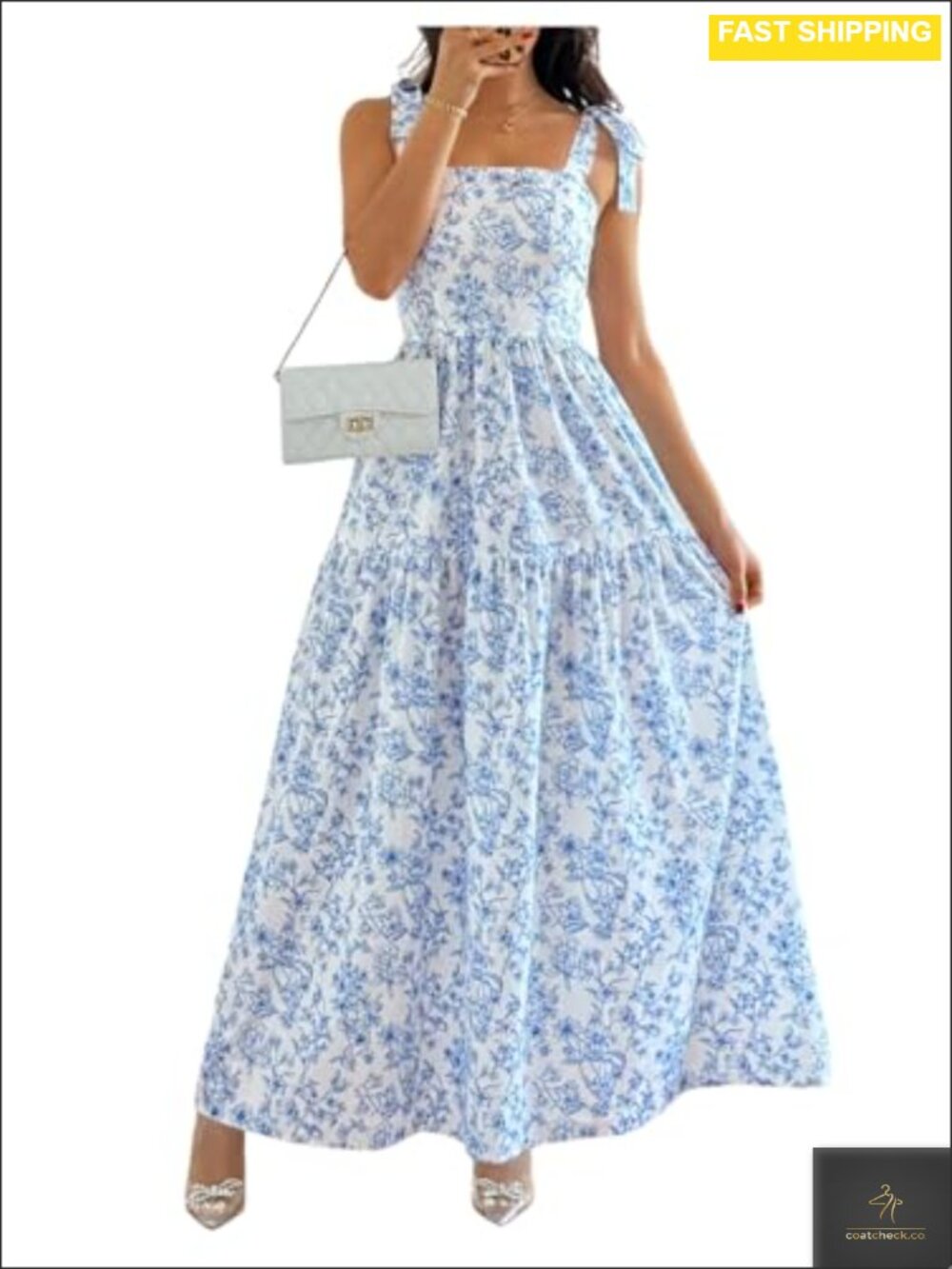Boho Floral Maxi Dress Tie Shoulder Tiered Sundress Smocked